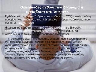 Θεμελιώδες ανθρώπινο δικαίωμα η
              πρόσβαση στο Ίντερνετ.
Σχεδόν εννιά στους δέκα άνθρωποι στον κόσμο (το 87%) πιστεύουν ότι η
πρόσβαση στο διαδίκτυο συνιστά θεμελιώδες ανθρώπινο δικαίωμα, που
πρέπει να προστατεύεται
Η έρευνα, σε περισσότερους από 27.000 ενηλίκους σε 26 χώρες,
διαπίστωσε το έντονο ενδιαφέρον των πολιτών του κόσμου να
κατοχυρωθεί το δικαίωμα της πρόσβασης στο Ίντερνετ.
  «Το διαδίκτυο είναι η πιο ισχυρή εν δυνάμει πηγή διαφωτισμού που
έχει ποτέ δημιουργηθεί», δήλωσε ο δρ Χαμαντούν Τουρέ, γενικός
γραμματέας της Διεθνούς Ένωσης Τηλεπικοινωνιών, και τόνισε ότι «οι
κυβερνήσεις πρέπει να αντιμετωπίζουν το ΄Ιντερνετ σαν βασική
υποδομή, όπως ακριβώς τους δρόμους, τις αποχετεύσεις και την
ύδρευση. Έχουμε εισέλθει στην κοινωνία της γνώσης και ο καθένας
πρέπει να έχει πρόσβαση, ώστε να συμμετέχει σε αυτήν».
 