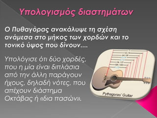 Υπολόγισε ότι δύο χορδές,
που η μία είναι διπλάσια
από την άλλη παράγουν
ήχους, δηλαδή νότες, που
απέχουν διάστημα
Οκτάβας ή «δια πασών».
 