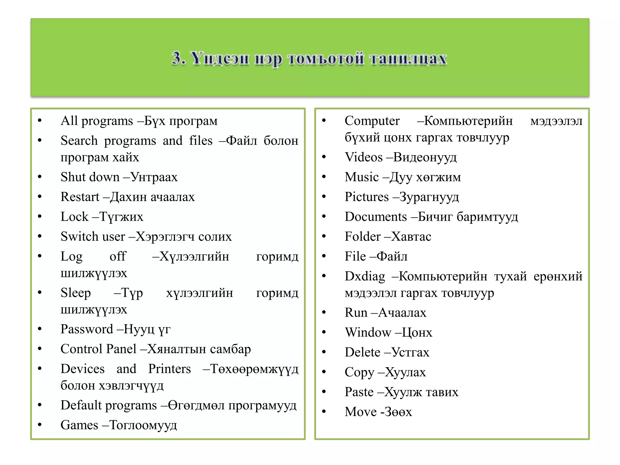•   All programs –Бүх програм               •   Computer –Компьютерийн мэдээлэл
•   Search programs and files –Файл болон       бүхий цонх гаргах товчлуур
    програм хайх                            •   Videos –Видеонууд
•   Shut down –Унтраах                      •   Music –Дуу хөгжим
•   Restart –Дахин ачаалах                  •   Pictures –Зурагнууд
•   Lock –Түгжих                            •   Documents –Бичиг баримтууд
•   Switch user –Хэрэглэгч солих            •   Folder –Хавтас
•   Log      off    –Хүлээлгийн    горимд   •   File –Файл
    шилжүүлэх                               •   Dxdiag –Компьютерийн тухай ерөнхий
•   Sleep     –Түр    хүлээлгийн   горимд       мэдээлэл гаргах товчлуур
    шилжүүлэх                               •   Run –Ачаалах
•   Password –Нууц үг                       •   Window –Цонх
•   Control Panel –Хяналтын самбар          •   Delete –Устгах
•   Devices and Printers –Төхөөрөмжүүд      •   Copy –Хуулах
    болон хэвлэгчүүд                        •   Paste –Хуулж тавих
•   Default programs –Өгөгдмөл програмууд   •   Move -Зөөх
•   Games –Тоглоомууд
 