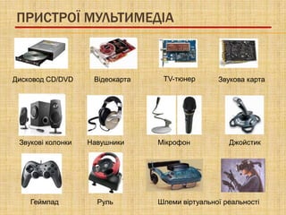 ПРИСТРОЇ МУЛЬТИМЕДІА



Дисковод CD/DVD     Відеокарта    TV-тюнер       Звукова карта




 Звукові колонки   Навушники     Мікрофон           Джойстик




    Геймпад          Руль        Шлеми віртуальної реальності
 