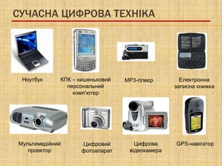 СУЧАСНА ЦИФРОВА ТЕХНІКА




 Ноутбук     КПК – кишеньковий   MP3-плеєр        Електронна
               персональний                     записна книжка
                 комп'ютер




Мультимедійний      Цифровий        Цифрова     GPS-навігатор
   проектор         фотоапарат    відеокамера
 