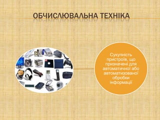 ОБЧИСЛЮВАЛЬНА ТЕХНІКА



                  Сукупність
                 пристроїв, що
                призначені для
               автоматичної або
               автоматизованої
                    обробки
                  інформації
 