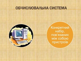 ОБЧИСЛЮВАЛЬНА СИСТЕМА



              Конкретний
                 набір,
              пов’язаних
              між собою
               пристроїв
 