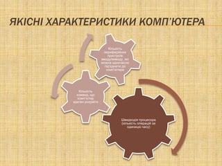 ЯКІСНІ ХАРАКТЕРИСТИКИ КОМП’ЮТЕРА

                                 Кількість
                             периферійних
                                пристроїв
                            вводу/виводу, які
                            можна одночасно
                              під'єднати до
                               комп’ютера




              Кількість
            команд, що
             комп’ютер
          здатен розуміти




                                        Швидкодія процесора
                                        (кількість операцій за
                                            одиницю часу)
 