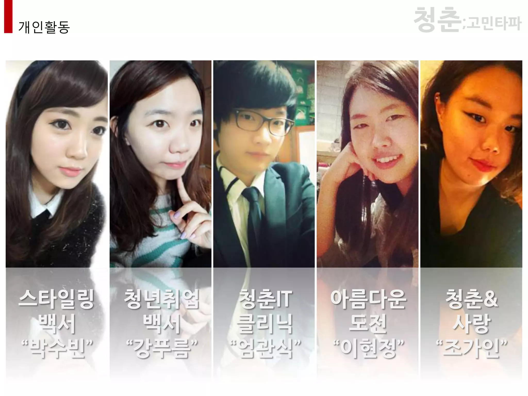 개인활동                            청춘;고민타파




스타일링    청년취업     청춘IT   아름다운      청춘&
 백서      백서      클리닉     도전        사랑
‚박수빈‛   ‚강푸름‛   ‚엄관식‛   ‚이현정‛    ‚조가인‛
 
