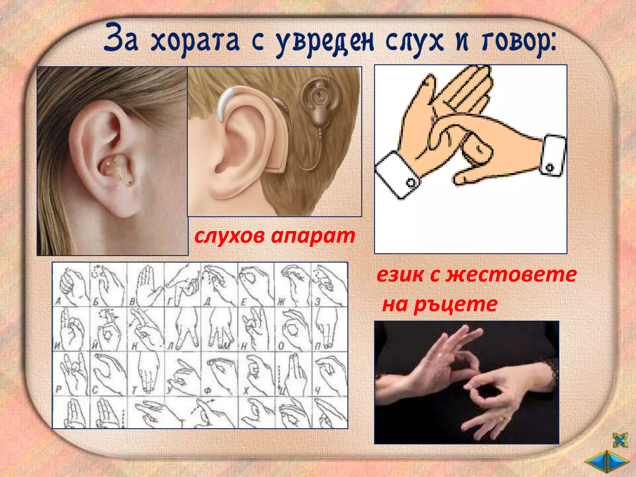 слухов апарат
                език с жестовете
                на ръцете
 