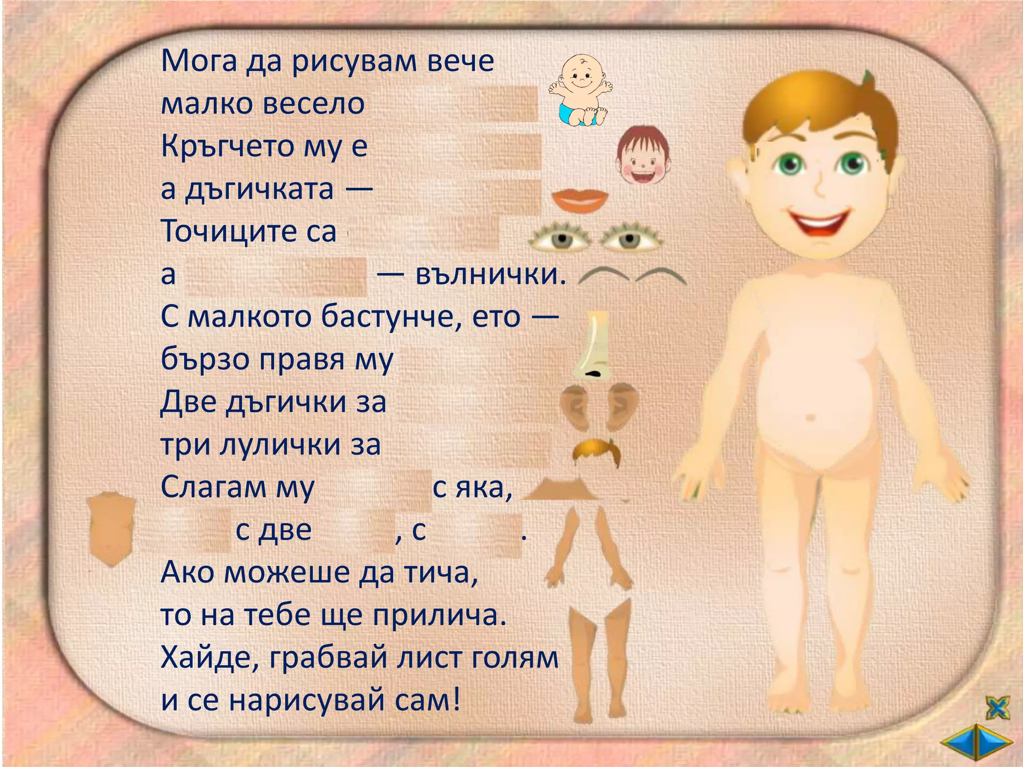 Мога да рисувам вече
малко весело човече.
Кръгчето му е главичка,
а дъгичката — устичка.
Точиците са очички,
а веждичките — вълнички.
С малкото бастунче, ето —
бързо правя му нослето.
Две дъгички за ушички,
три лулички за косички.
Слагам му вратле с яка,
тяло с две ръце, с крака.
Ако можеше да тича,
то на тебе ще прилича.
Хайде, грабвай лист голям
и се нарисувай сам!
 
