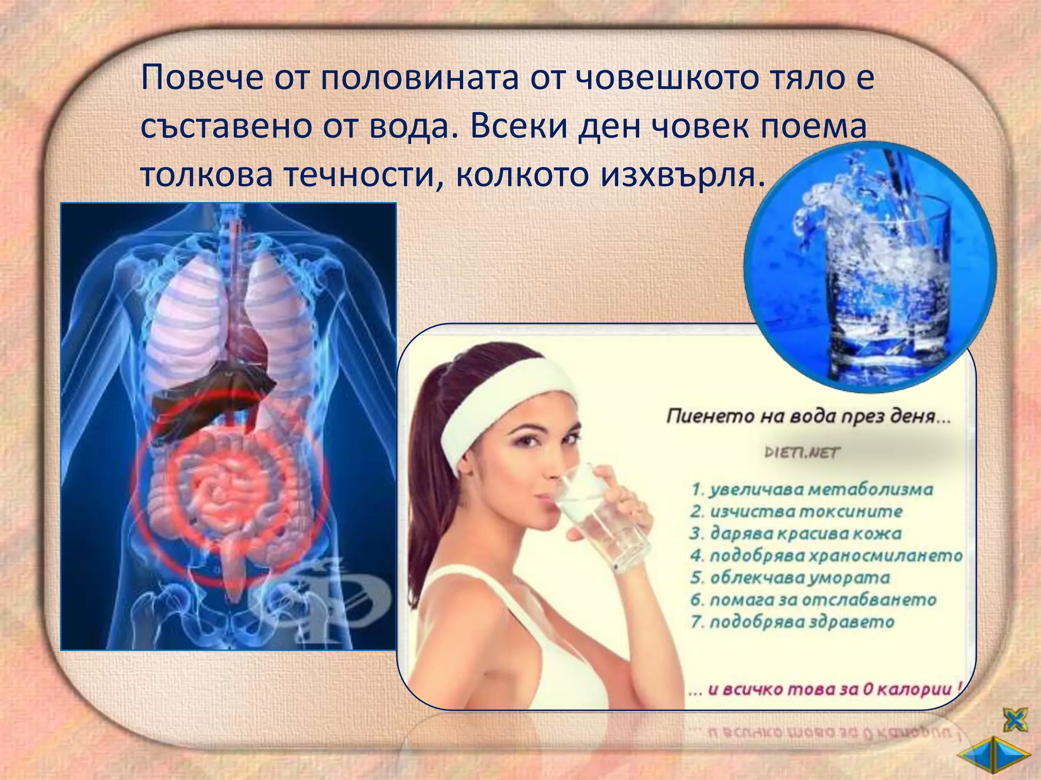 Повече от половината от човешкото тяло е
съставено от вода. Всеки ден човек поема
толкова течности, колкото изхвърля.
 