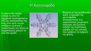 Η Χιονονιφάδα
Το εξαγωνικό σχήμα                         Ιδωμένη με ένα μεγεθυντικό
επιλέγεται από την                         φακό, η ομορφιά της
σχηματική προσαρμογή κι                    χιονονιφάδας
από την αναγκαιότητα της                   αποκαλύπτεται: ένα
ύλης, έτσι ώστε να μην                     μικροσκοπικό γεωμετρικό
υπάρχουν κενά και η                        κόσμημα, μία ζωντανή
συγκέντρωση του ατμού σε                   ένδειξη της περίπλοκης
σχηματισμούς χιονιού να                    μορφής και της γοητείας
γίνει πιο ομαλά.                           που κρύβουν τα σχήματα
                                           της φύσης
 