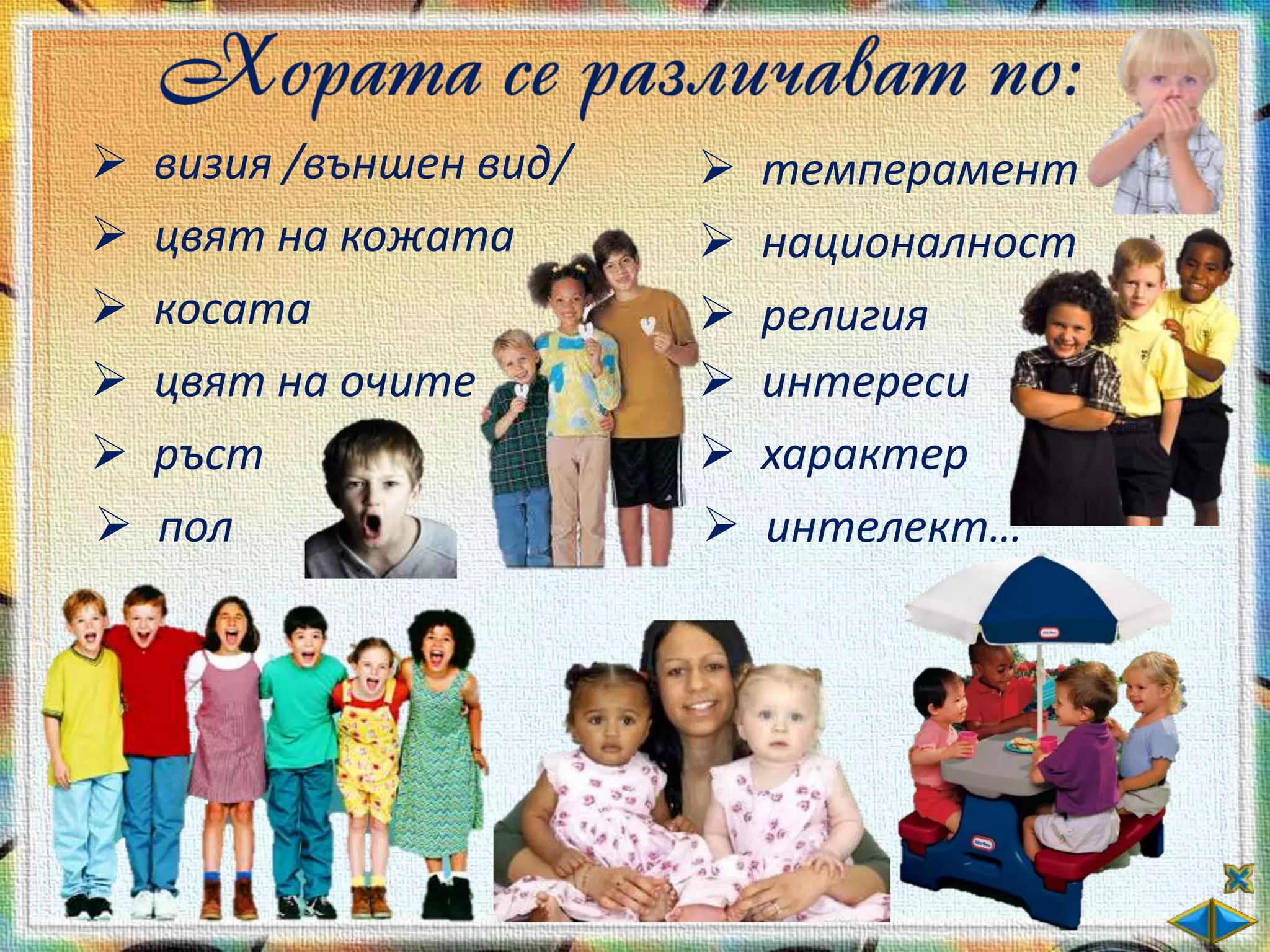    визия /външен вид/      темперамент
   цвят на кожата          националност
   косата                  религия
   цвят на очите           интереси
   ръст                    характер
   пол                     интелект…
 