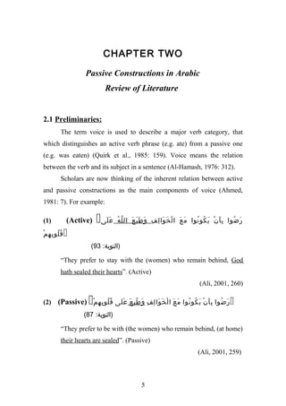 CHAPTER TWO
                  Passive Constructions in Arabic
                          Review of Literature


2.1 Preliminaries:
         The term voice is used to describe a major verb category, that
which distinguishes an active verb phrase (e.g. ate) from a passive one
(e.g. was eaten) (Quirk et al., 1985: 159). Voice means the relation
between the verb and its subject in a sentence (Al-Hamash, 1976: 312).
         Scholars are now thinking of the inherent relation between active
and passive constructions as the main components of voice (Ahmed,
1981: 7). For example:

(1)         (Active)   ‫ع َلى‬
                            َ    ُ ّ
                                  ‫ر ضوا ب أ ن ي كو نوا م ع ا ل خ وا ل ف و ط ب ع ال ل ه‬
                                         َ ََ َ ِ ِ َ َ ْ َ َ       ُ ُ َ ْ َِ     ُ َ

ْ‫ ق لو ب ه م‬
   ِ ِ ُُ
                    (93 :‫)التوبة‬

         “They prefer to stay with the (women) who remain behind, God
         hath sealed their hearts”. (Active)
                                                                   (Ali, 2001, 260)

(2)                
       (Passive) ‫ ر ضوا ب أ ن ي كو نوا م ع ا ل خ وا ل ف و ط ب ع ع لى ق لو ب ه م‬
                 ْ ِ ِ ُُ    ََ َ ُِ َ ِ ِ َ َ ْ َ َ        ُ ُ َ ْ َِ ُ َ
                  (87 :‫)التوبة‬

         “They prefer to be with (the women) who remain behind, (at home)
         their hearts are sealed”. (Passive)
                                                                   (Ali, 2001, 259)



                                           5
 