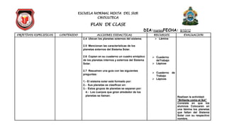ESCUELA NORMAL MIXTA DEL SUR
                                             CHOLUTECA

                                           PLAN DE CLASE
                                                                                      DIA:martesFECHA:        9/10/12
OBJETIVOS ESPECIFICOS   CONTENIDO               ACCIONES DIDACTICAS                       RECURSOS               EVALUACION
                                      2.4 Ubican los planetas externos del sistema.        Lámina

                                      2.5 Mencionan las características de los
                                      planetas externos del Sistema Solar.

                                      2.6 Copian en su cuaderno un cuadro sinóptico        Cuaderno
                                      de los planetas internos y externos del Sistema       deTrabajo
                                      Solar.                                               Lápices

                                      2.7 Resuelven una guía con las siguientes
                                                                                           Cuaderno    de
                                      preguntas:
                                                                                            Trabajo
                                                                                           Lápices
                                      1.- El sistema solar está formado por:
                                      2.- Sus planetas se clasifican en:
                                      3.- Estos grupos de planetas se separan por:
                                        4.- Los cuerpos que giran alrededor de los
                                        planetas se llaman:                                                  Realizan la actividad:
                                                                                                             ”Brillante como el Sol”
                                                                                                             Consiste en que los
                                                                                                             alumnos Colocaran en
                                                                                                             una lámina los planetas
                                                                                                             que faltan del Sistema
                                                                                                             Solar con su respectivo
                                                                                                             nombre.
 