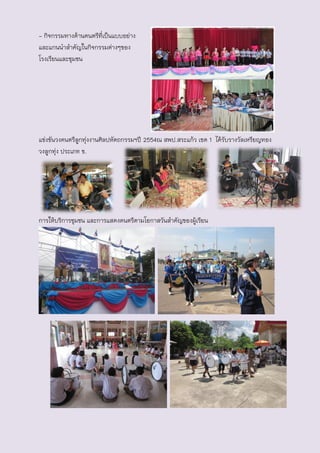 - กิจกรรมทางด้านดนตรีที่เป็นแบบอย่าง
และแกนนาสาคัญในกิจกรรมต่างๆของ
โรงเรียนและชุมชน




แข่งขันวงดนตรีลูกทุ่งงานศิลปหัตถกรรมฯปี 2554ณ สพป.สระแก้ว เขต 1 ได้รับรางวัลเหรียญทอง
วงลูกทุ่ง ประเภท ข.




การให้บริการชุมชน และการแสดงดนตรีตามโอกาสวันสาคัญของผู้เรียน
 