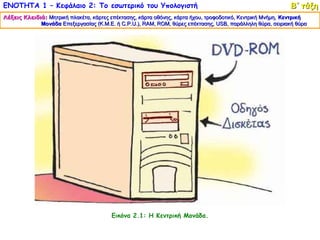 ΕΝΟΤΗΤΑ 1 – Κεφάλαιο 2: Το εσωτερικό του Υπολογιστή                                                        Β΄ τάξη
Λέξεις Κλειδιά: Μητρική πλακέτα, κάρτες επέκτασης, κάρτα οθόνης, κάρτα ήχου, τροφοδοτικό, Κεντρική Μνήμη, Κεντρική
             Μονάδα Επεξεργασίας (Κ.Μ.Ε. ή C.P.U.), RAM, ROM, θύρες επέκτασης, USB, παράλληλη θύρα, σειριακή θύρα
                                                    RAM, ROM,                    USB,




                                        Εικόνα 2.1: Η Κεντρική Μονάδα.
 