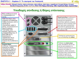 ΕΝΟΤΗΤΑ 1 – Κεφάλαιο 2: Το εσωτερικό του Υπολογιστή                                                          Β΄ τάξη
Λέξεις Κλειδιά: Μητρική πλακέτα, κάρτες επέκτασης, κάρτα οθόνης, κάρτα ήχου, τροφοδοτικό, Κεντρική Μνήμη, Κεντρική
             Μονάδα Επεξεργασίας (Κ.Μ.Ε. ή C.P.U.), RAM, ROM, θύρες επέκτασης, USB, παράλληλη θύρα, σειριακή θύρα
                                                    RAM, ROM,                     USB,


                   Υποδοχές σύνδεσης ή Θύρες επέκτασης
  PS/2: συνδέουμε σε αυτή
  το πληκτρολόγιο ή το
  ποντίκι.                                                                          Παράλληλη θύρα: συνδέουμε σε
  USB: Είναι θύρα, όπου                                                             αυτή συσκευές (εκτυπωτής ή
  μπορούμε να συνδέσουμε                                                            σαρωτής) που χρειάζονται
  πλήθος συσκευών, από το                                                           μεγαλύτερη ταχύτητα μεταφοράς
  ποντίκι και το                                                                    δεδομένων από τη σειριακή, αφού
  πληκτρολόγιο, μέχρι το                                                            είναι οχτώ φορές γρηγορότερη.
  μόντεμ, τον εκτυπωτή ή το                                                         Τελευταία δεν χρησιμοποιείται
  σαρωτή (σκάνερ).                                                                  αφού έχει αντικατασταθεί από την
  Υποστηρίζει πολύ                                                                  πιο γρήγορη USB.
  γρήγορες ταχύτητες στη
  μεταφορά δεδομέ­νων. Η
  θύρα USB έχει τη
  δυνατότητα να                                                                      Υποδοχή που χρησιμοποιείται,
  τροφοδοτήσει και με                                                                για να συνδέσουμε την οθόνη
  ηλεκτρικό ρεύμα τη
  συσκευή που συνδέεται σε
  αυτή.                                                                              Υποδοχές της κάρτας ήχου
  Σειριακή θύρα:                                                                     (midi, microphone, line in, line
  συνδέουμε περιφερειακές                                                            out) που μας επιτρέπουν να
  συσκευές με μικρές                                                                 συνδέουμε ηλεκτρονικά μουσικά
  απαιτήσεις σε ταχύτητα                                                             όργανα με την κάρτα, το
  μεταφοράς δεδομένων,                                                               μικρόφωνο, κάποια εξωτερική
  όπως το ποντίκι και το                                                             πηγή ήχου (όπως στερεοφωνικό)
  μόντεμ. Τελευταία δε                                                               ή ακόμα τα ηχεία και τα
  χρησιμο­ποιείται.                                                                  ακουστικά, για να ακούμε
                                                                                     μουσική από τον υπολογιστή.
 