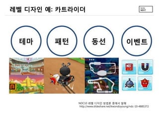 레벨 디자인 예: 카트라이더




             NDC10 레벨 디자인 방법론 중에서 발췌
             http://www.slideshare.net/kwondoyoung/ndc-10-4885372
 