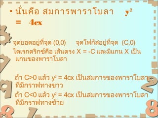 • นั่น คือ สมการพาราโบลา               y2
  = 4cx

จุดยอดอยู่ทจุด (0,0)
           ี่          จุดโฟกัสอยู่ทจุด (C,0)
                                    ี่
ไดเรกตริกซ์คือ เส้นตรง X = -C และมีแกน X เป็น
 แกนของพาราโบลา

 ถ้า C>0 แล้ว y2 = 4cx เป็นสมการของพาราโบลา
 ที่มีกราฟทางขาว
 ถ้า C<0 แล้ว y2 = 4cx เป็นสมการของพาราโบลา
 ที่มีกราฟทางซ้าย
 