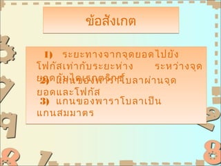 ข้อสังเกต

  1) ระยะทางจากจุด ยอดไปยัง
โฟกัส เท่า กับ ระยะห่า ง ระหว่า งจุด
ยอดกับ ไดเรกตริก ซ์
 2) แกนของพาราโบลาผ่า นจุด
ยอดและโฟกัส
 3) แกนของพาราโบลาเป็น
แกนสมมาตร
 