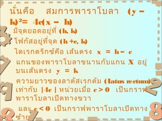นั่น คือ สมการพาราโบลา              (y –
k) 2= 4c(x – h)
มีจ ุด ยอดอยู่ท ี่ (h, k)
โฟกัส อยู่ท ี่จ ุด (h +c, k)
ไดเรกตริก ซ์ค อ เส้น ตรง x = h – c
                   ื
 แกนของพาราโบลาขนานกับ แกน X อยู่
 บนเส้น ตรง y = k
 ความยาวของลาตัส เรกตัม (L      atus rectum)
 เท่า กับ |4c | หน่ว ยเมือ c > 0 เป็น กราฟ
                            ่
 พาราโบลาเปิด ทางขวา
  และ c < 0 เป็น กราฟพาราโบลาเปิด ทาง
 ซ้า ย
 