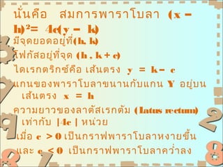 นั่น คือ สมการพาราโบลา (x –
h) 2= 4c(y – k)
มีจ ุด ยอดอยูท ี่( h, k)
               ่
โฟกัส อยู่ท ี่จ ุด (h , k + c)
ไดเรกตริก ซ์ค อ เส้น ตรง y = k – c
                   ื
แกนของพาราโบลาขนานกับ แกน Y อยู่บ น
  เส้น ตรง x = h
ความยาวของลาตัส เรกตัม (L      atus rectum)
  เท่า กับ |4c | หน่ว ย
 เมือ c > 0 เป็น กราฟพาราโบลาหงายขึ้น
     ่
 และ c < 0 เป็น กราฟพาราโบลาควำ่า ลง
 