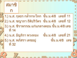 สมาชิ
 ก
1.) น.ส. กุลธร กลำ้ากระโทก ชัน ม.4/8 เลขที่ 11
                             ้
2.) น.ส. ชญาภา ถีติปริวัตร ชัน ม.4/8 เลขที่ 12
                               ้
3.) น.ส. ชีราพรรณ แก่นกลางดอน ชัน ม.4/8 เลข
                                       ้
    ที่ 14
4.) น.ส. ธัญจิรา พวงทอง ชัน ม.4/8 เลขที่ 21
                                 ้
5.) น.ส. พภัสรา เดชอยู่            ชัน ม.4/8 เลข
                                     ้
    ที่ 32
 
