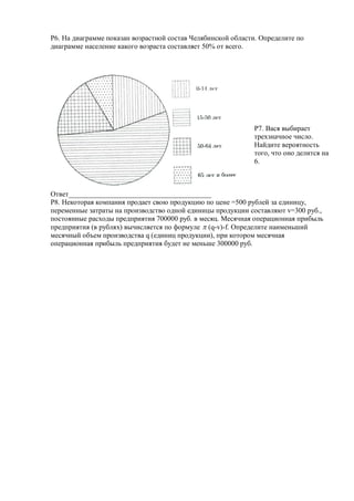 Р6. На диаграмме показан возрастной состав Челябинской области. Определите по
диаграмме население какого возраста составляет 50% от всего.




                                                             Р7. Вася выбирает
                                                             трехзначное число.
                                                             Найдите вероятность
                                                             того, что оно делится на
                                                             6.



Ответ________________________________________
Р8. Некоторая компания продает свою продукцию по цене =500 рублей за единицу,
переменные затраты на производство одной единицы продукции составляют v=300 руб.,
постоянные расходы предприятия 700000 руб. в месяц. Месячная операционная прибыль
предприятия (в рублях) вычисляется по формуле  (q-v)-f. Определите наименьший
месячный объем производства q (единиц продукции), при котором месячная
операционная прибыль предприятия будет не меньше 300000 руб.
 