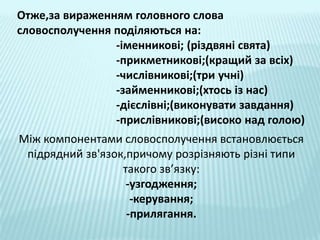 Отже,за вираженням головного слова
словосполучення поділяються на:
                -іменникові; (різдвяні свята)
                -прикметникові;(кращий за всіх)
                -числівникові;(три учні)
                -займенникові;(хтось із нас)
                -дієслівні;(виконувати завдання)
                -прислівникові;(високо над голою)
Між компонентами словосполучення встановлюється
 підрядний зв'язок,причому розрізняють різні типи
                  такого зв’язку:
                   -узгодження;
                    -керування;
                   -прилягання.
 