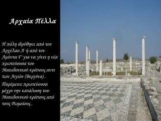 Αρχαία Πέλλα


Η πόλη ιδρύθηκε από τον
Αρχέλαο Α' ή από τον
Αμύντα Γ' για να γίνει η νέα
πρωτεύουσα του
Μακεδονικού κράτους αντι
των Αιγών (Βεργίνα) .
Παρέμεινε πρωτεύουσα
μέχρι την κατάλυση του
Μακεδονικού κράτους από
τους Ρωμαίους .
 