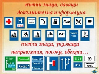 пътни знаци, даващи
допълнителна информация
пътни знаци, указващи
направления, посоки, обекти…
 