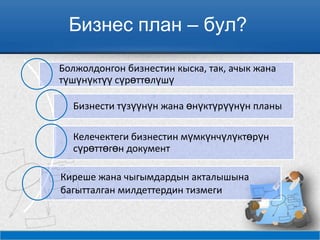 Бизнес план – бул?
Болжолдонгон бизнестин кыска, так, ачык жана
түшүнүктүү сүрөттөлүшү
Бизнести түзүүнүн жана өнүктүрүүнүн планы
Келечектеги бизнестин мүмкүнчүлүктөрүн
сүрөттөгөн документ
Киреше жана чыгымдардын акталышына
багытталган милдеттердин тизмеги
 