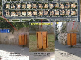 ‫המכבים‬ ‫דם‬1
(‫הגבורה‬ ‫דרך‬ ‫)פינת‬
‫מול‬ ‫הגבורה‬ ‫דרך‬19'‫א‬
(‫הציפורן‬ ‫שביל‬ ‫לפינת‬ ‫)קרוב‬
‫מול‬ ‫הגבורה‬ ‫דרך‬31'‫א‬
(‫השלום‬ ‫דרך‬ ‫)פינת‬
3‫חדשים‬ ‫אשפתונים‬
 