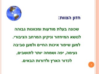 33
:‫הצוות‬ ‫חזון‬
‫גבוהה‬ ‫ומכוונות‬ ‫מודעות‬ ‫בעלת‬ ‫שכונה‬
.‫הציבורי‬ ‫המרחב‬ ‫וניקיון‬ ‫המיחזור‬ ‫לנושא‬
‫סביבה‬ ‫ולמען‬ ‫החיים‬ ‫איכות‬ ‫שיפור‬ ‫למען‬
,‫לתושבים‬ ‫יותר‬ ‫ושמחה‬ ‫יפה‬ ,‫נעימה‬
.‫הבאים‬ ‫ולדורות‬ ‫הארץ‬ ‫לכדור‬
 