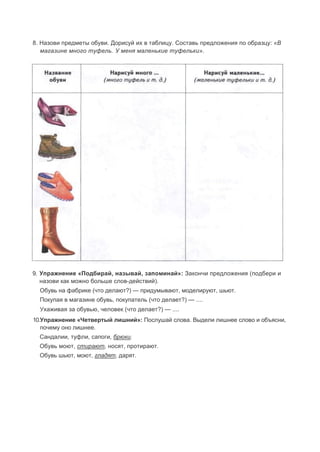 8. Назови предметы обуви. Дорисуй их в таблицу. Составь предложения по образцу: «В
магазине много туфель. У меня маленькие туфельки».
9. Упражнение «Подбирай, называй, запоминай»: Закончи предложения (подбери и
назови как можно больше слов-действий).
Обувь на фабрике (что делают?) — придумывают, моделируют, шьют.
Покупая в магазине обувь, покупатель (что делает?) — ....
Ухаживая за обувью, человек (что делает?) — ....
10.Упражнение «Четвертый лишний»: Послушай слова. Выдели лишнее слово и объясни,
почему оно лишнее.
Сандалии, туфли, сапоги, брюки.
Обувь моют, стирают, носят, протирают.
Обувь шьют, моют, гладят, дарят.
 