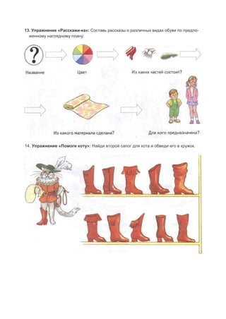 13. Упражнение «Расскажи-ка»: Составь рассказы о различных видах обуви по предло-
женному наглядному плану.
14. Упражнение «Помоги коту»: Найди второй сапог для кота и обведи его в кружок.
 