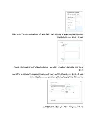 ‫يحدد‬Google Fusion‫وضعا‬‫افتراضيا‬‫لشكل‬‫الجدول‬،‫الخالى‬‫وهو‬‫أمر‬‫يجب‬‫تعديله‬‫بما‬‫يناسب‬‫ما‬‫ترغب‬‫فى‬،‫عمله‬
‫اذهب‬‫إلى‬Edit‫ثم‬Modify Table Info
‫من‬‫هذا‬‫الخيار‬‫يمكنك‬‫إعطاء‬‫اسم‬،‫للجدول‬‫أو‬‫كتابة‬‫بعض‬‫الملحظات‬‫المتعلقة‬‫به‬‫)وهى‬‫فكرة‬‫مجيدة‬‫لتتذكر‬‫التفاصيل‬
.(‫لحقا‬
‫إذهب‬‫إلى‬Edit‫ثم‬Modify Columns‫لتغيير‬‫أسماء‬،‫العمدة‬‫لحظ‬‫أننا‬‫سنقوم‬‫ببناء‬‫قاعدة‬‫بيانات‬‫فى‬‫هذا‬،‫التدريب‬
‫ولذا‬‫يجب‬‫عليك‬‫أيضا‬‫أ ن‬‫تقوم‬‫بتغيير‬‫نوع‬‫كل‬‫عمود‬،‫)نص‬،‫رقم‬،‫موقع‬‫تاريخ‬‫أو‬:(‫وقت‬
‫لضافة‬‫المزيد‬‫من‬،‫العمدة‬‫إذهب‬‫إلى‬Edit‫ثم‬Add Columns
 