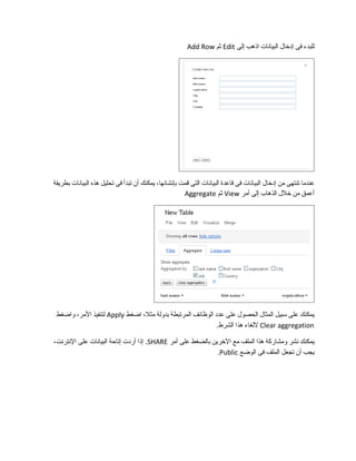 ‫للبدء‬‫فى‬‫إدخال‬‫البيانات‬‫اذهب‬‫إلى‬Edit‫ثم‬Add Row
‫عندما‬‫تنتهى‬‫من‬‫إدخال‬‫البيانات‬‫فى‬‫قاعدة‬‫البيانات‬‫التى‬‫قمت‬،‫بإنشائها‬‫يمكنك‬‫أن‬‫تبدأ‬‫فى‬‫تحليل‬‫هذه‬‫البيانات‬‫بطريقة‬
‫أعمق‬‫من‬‫خلل‬‫الذهاب‬‫إلى‬‫أمر‬View‫ثم‬Aggregate
‫يمكنك‬‫على‬‫سبيل‬‫المثال‬‫الحصول‬‫على‬‫عدد‬‫الوظائف‬‫المرتبطة‬‫بدولة‬،‫مثل‬‫اضغط‬Apply‫لتنفيذ‬،‫المر‬‫واضغط‬
Clear aggregation‫للغاء‬‫هذا‬.‫الشرط‬
‫يمكنك‬‫نشر‬‫ومشاركة‬‫هذا‬‫الملف‬‫مع‬‫الخرين‬‫بالضغط‬‫على‬‫أمر‬SHARE‫إذا‬ .‫أردت‬‫إتاحة‬‫البيانات‬‫على‬،‫النترنت‬
‫يجب‬‫أن‬‫تجعل‬‫الملف‬‫فى‬‫الوضع‬Public.
 