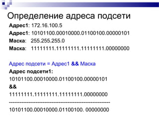 Определение адреса подсети
Адрес1: 172.16.100.5
Адрес1: 10101100.00010000.01100100.00000101
Маска: 255.255.255.0
Маска: 11111111.11111111.11111111.00000000
Адрес подсети = Адрес1 && Маска
Адрес подсети1:
10101100.00010000.01100100.00000101
&&
11111111.11111111.11111111.00000000
---------------------------------------------------------
10101100.00010000.01100100. 00000000
 