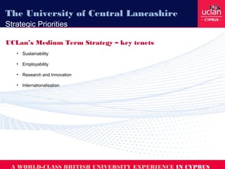 The University of Central Lancashire
Strategic Priorities
UCLan’s Medium Term Strategy – key tenets
• Sustainability
• Employability
• Research and Innovation
• Internationalisation
A WORLD-CLASS BRITISH UNIVERSITY EXPERIENCE IN CYPRUS
 