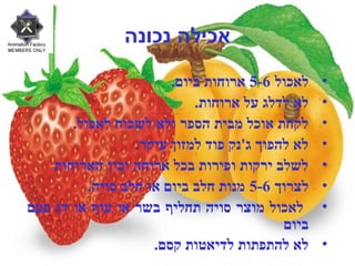 ‫נכונה‬ ‫אכילה‬
•‫לאכול‬5-6.‫ביום‬ ‫ארוחות‬
•.‫ארוחות‬ ‫על‬ ‫לדלג‬ ‫לא‬
•.‫לאכול‬ ‫לשכוח‬ ‫ולא‬ ‫הספר‬ ‫מבית‬ ‫אוכל‬ ‫לקחת‬
•.‫עיקר‬ ‫למזון‬ ‫פוד‬ ‫ג'נק‬ ‫להפוך‬ ‫לא‬
•‫הארוחות‬ ‫ובין‬ ‫ארוחה‬ ‫בכל‬ ‫ופירות‬ ‫ירקות‬ ‫לשלב‬
•‫לצרוך‬5-6.‫סויה‬ ‫חלב‬ ‫או‬ ‫ביום‬ ‫חלב‬ ‫מנות‬
•‫פעם‬ ‫דג‬ ‫או‬ ‫עוף‬ ‫או‬ ‫בשר‬ ‫תחליף‬ ‫סויה‬ ‫מוצר‬ ‫לאכול‬
‫ביום‬
•.‫קסם‬ ‫לדיאטות‬ ‫להתפתות‬ ‫לא‬
 