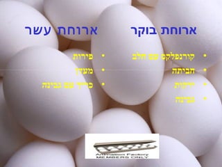 ‫בוקר‬ ‫ארוחת‬
•‫חלב‬ ‫עם‬ ‫קורנפלקס‬
•‫חביתה‬
•‫ירקות‬
•‫גבינה‬
‫עשר‬ ‫ארוחת‬
•‫פירות‬
•‫מעדן‬
•‫גבינה‬ ‫עם‬ ‫כריך‬
 