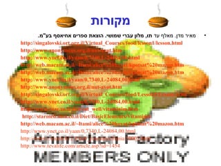 ‫מקורות‬
•‫עד‬ ‫מאלף‬ .‫מדן‬ ‫מאיר‬.‫בע"מ‬ ‫אחיאסף‬ ‫ספרים‬ ‫הוצאת‬ .‫שמושי‬ ‫עברי‬ ‫מלון‬ ,‫תו‬
http://singalovski.ort.org.il/Virtual_Courses/food/lesson1/lesson.html
http://www.anonymous.org.il/nut-avot.htm
http://www.ynet.co.il/yaan/0,7340,L-24084,00.html
http://web.macam.ac.il/~ltami/alice%20hayat/kpotsat%20mazon.htm
http://web.macam.ac.il/~ltami/alice%20hayat/kpotsat%20mazon.htm
http://www.ynet.co.il/yaan/0,7340,L-24084,00.html
http://www.anonymous.org.il/nut-avot.htm
http://singalovski.ort.org.il/Virtual_Courses/food/Lesson3/Lesson.html
http://www.ynet.co.il/yaan/0,7340,L-24084,00.html
http://www.raze.co.il/diet/eat_well/vitaminim.htm
http://starmed.msn.co.il/Diet/BasicElements/Vitamines
http://web.macam.ac.il/~ltami/alice%20hayat/kpotsat%20mazon.htm
http://www.ynet.co.il/yaan/0,7340,L-24084,00.html
http://www1.snunit.k12.il/heb_journals/chimia/50002.html
http://www.tevalife.com/article.asp?id=1454
 