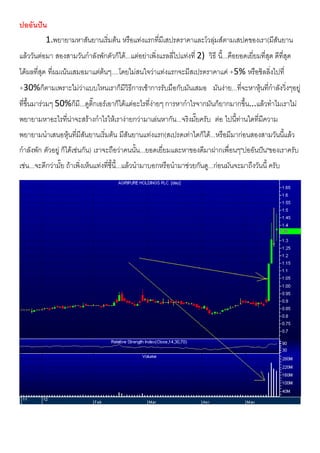 ปออันปน
1.พยายามหาสันยานเริ่มตน หรือแทงแรกที่มีเสปรดราคาและโวลุมสตามเสปคของเรา(มีสันยาน
แลววันตอมา สองสามวันกําลังพักตัวก็ได...แตอยาเพิ่งแรลลี่ไปแทงที่ 2) วิธี นี้...คือยอดเยี่ยมที่สุด ดีที่สุด
ไดผลที่สุด ที่ผมเนนเสมอมาแตตนๆ....โดยไมสนใจวาแทงแรกจะมีสเปรดราคาแค +5% หรือชิลลิ่งไปที่
+30%ก็ตามเพราะไมวาแบบไหนเราก็มีวิธีการเชาการรับมือกับมันเสมอ มันงาย...ที่จะหาหุนที่กําลังวิ่งๆอยู
ที่ขึ้นมารวมๆ 50%ก็มี...ดูติ๊กเอรเอาก็ไดแตอะไรที่งายๆ การหากําไรจากมันก็ยากมากขึ้น...แลวทําไมเราไม
พยายามหาอะไรที่นาจะสรางกําไรใหเรางายกวามาเลนหากัน...จริงมั๊ยครับ ตอ ไปนี้ทานใดที่มีความ
พยายามนําเสนอหุนที่มีสันยานเริ่มตน มีสันยานแทงแรก(สเปรดเทาใดก็ได...หรือมีมากอนสองสามวันนี้แลว
กําลังพัก ตัวอยู ก็ไดเชนกัน) เราจะถือวาคนนั้น...ยอดเยี่ยมและหาของดีมาฝากเพื่อนๆ"ปออันปน"ของเราครับ
เชน...จะดีกวามั๊ย ถาเพิ่งเห็นแทงที่ชี้นี้...แลวนํามาบอกหรือนํามาชวยกันดู...กอนมันจะมาถึงวันนี้ ครับ
 