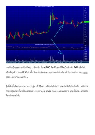 การเลือกหุน(ขอลวงหนาไปนิดส).... เบื้องตน float200 ตองมีโวลุมสที่คิดเปนเงินแลว 20ลานขึ้นไป...
หรือจริงๆแลวจานผมให 50ลานขึ้น จึงจะนาเลนและควรดูสภาพคลองในวันปกติประกอบดวย...และๆๆๆๆๆ
อิอิอิอิ...ไวคุยกันตอนหัวขอ 9
หุนที่เพิ่งเริ่มดีดถางสเปรดราคา+โวลุม...เขาไดเลย...แมพักตัวก็ไมมาก พอทนได ไมถึงกับตองคัท...แตโอกาส
ดีดตอมีสูงแตหุนที่แรลลี่สเปรดรวมถางออกเกิน 10-15% ไปแลว...เขาแนวลุยได แตมีเงื่อนไข...แตจะใหดี
ตองเขาตอนพักตัว
 