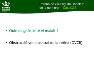 • Quin diagnòstic té el malalt ?
• Obstrucció vena central de la retina (OVCR)
Pèrdua de visió aguda i indolora
en la gent gran Cas 2.2.3
 