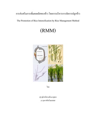 การส่งเสริมการเพิ่มผลผลิตของข้าว โดยการบริหารการจัดการปลูกข้าว
The Promotion of Rice Intensification by Rice Management Method
(RMM)
โดย
สุรวุฒิ สนิทวงศ์ณ อยุธยา
๔ กุมภาพันธ์ ๒๕๕๕
 