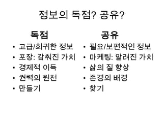 정보의 독점? 공유?
공유
• 필요/보편적인 정보
• 마케팅: 알려진 가치
• 삶의 질 향상
• 존경의 배경
• 찾기
독점
• 고급/희귀한 정보
• 포장: 감춰진 가치
• 경제적 이득
• 권력의 원천
• 만들기
 