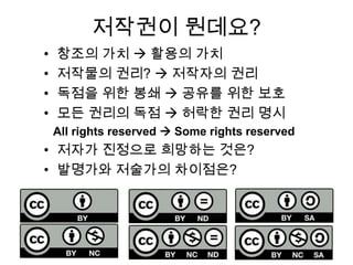 저작권이 뭔데요?
• 창조의 가치  활용의 가치
• 저작물의 권리?  저작자의 권리
• 독점을 위한 봉쇄  공유를 위한 보호
• 모든 권리의 독점  허락한 권리 명시
All rights reserved  Some rights reserved
• 저자가 진정으로 희망하는 것은?
• 발명가와 저술가의 차이점은?
 