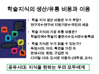 학술지식의 생산/유통 비용과 이용
• 학술 지식 생산 비용은 누가 부담?
연구자연구비 지원기관국민의 세금
• 학술 지식의 가공 유통 비용은?
학술단체학술지 출판사도서관등록금
• 학술 지식은 누가 읽을 수 있는가?
독점시대: 저자, 특권을 가진 자
판매시대: 회원, 구입한 자
디지털 시대: 도서관 이용자 (대학생, 교수)
공유시대: 지식을 원하는 우리 모두에게
 