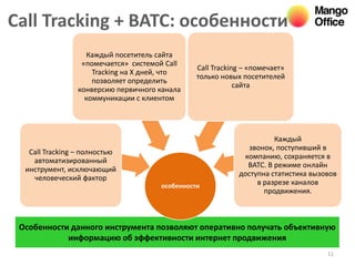 Call Tracking + ВАТС: особенности
11
Особенности данного инструмента позволяют оперативно получать объективную
информацию об эффективности интернет продвижения
особенности
Каждый
звонок, поступивший в
компанию, сохраняется в
ВАТС. В режиме онлайн
доступна статистика вызовов
в разрезе каналов
продвижения.
Каждый посетитель сайта
«помечается» системой Call
Tracking на Х дней, что
позволяет определить
конверсию первичного канала
коммуникации с клиентом
Call Tracking – «помечает»
только новых посетителей
сайта
Call Tracking – полностью
автоматизированный
инструмент, исключающий
человеческий фактор
 