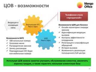 19
ЦОВ - возможности
Входящая и
исходящая
связь
Возможности ЦОВ для бизнеса
 Онлайн мониторинг очереди
звонков
 Идентификация входящих
вызовов
 Контроль эффективности
сотрудников
 Регистрация и классификация
обращений
 История вызовов
 Возможность реализации
полноценного Call-центра
Телефония стала
«прозрачной»
Возможности ВАТС
 100-канальные номера
 Голосовое меню
 Распределение звонков
 Запись разговоров
 Переадресация SIP, Skype
или мобильные номера
Используя ЦОВ можно заметно улучшить обслуживание клиентов, увеличить
воронку продаж, а также нарастить лояльную клиентскую базу
 